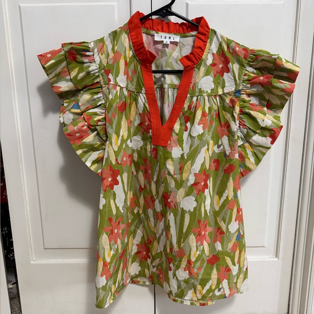 THML green/orange floral blouse M